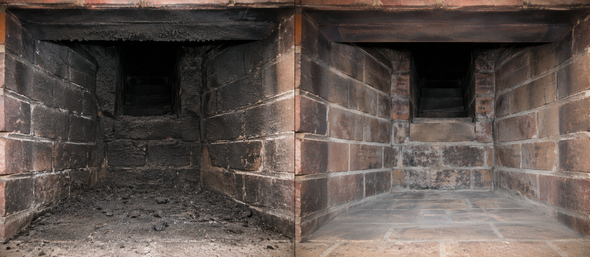 Fireplace firebox before and after chimney sweeping
